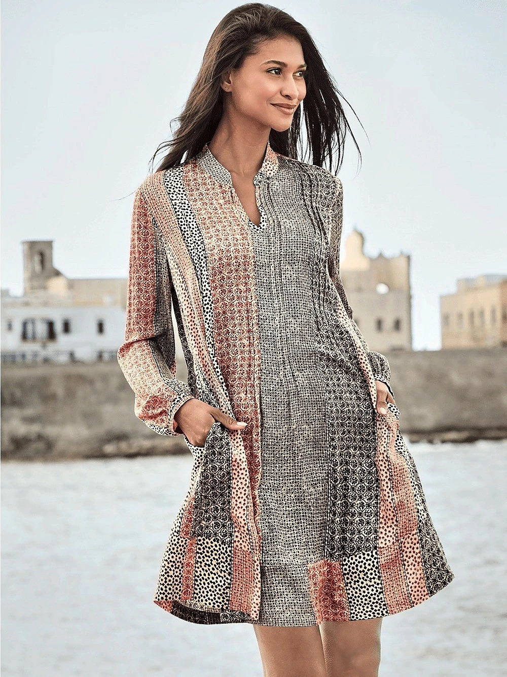 Peruvian Connection Printed Tamara Mini 3/4 Sleeve Dress in Orange & Black NWT